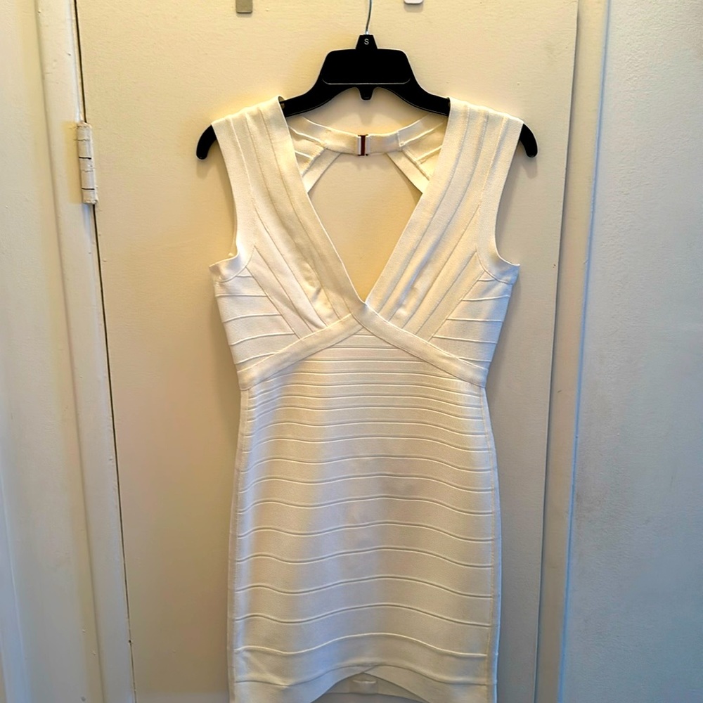 Sexy cream colored Herve Leger bandage dress